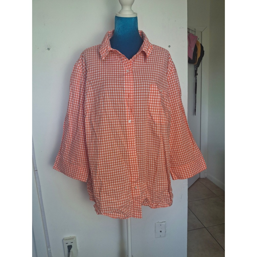 Karen Scott Woman Orange Gingham Check Button Front Shirt 3/4 Sleeve 3X Cotton